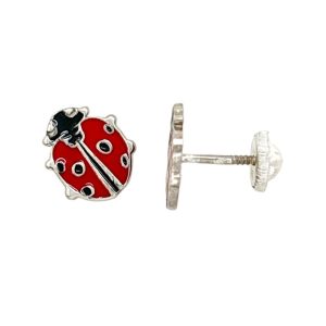 Pendientes mariquita para bebé o niña dormilonas en plata hipoalergenica, cierre a rosca de seguridad, esmaltado a mano y hecho en España regalos originales