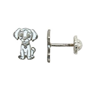 Pendientes perro blanco para niña dormilonas en plata hipoalergénicas, con cierre a rosca de seguridad, esmaltado a mano y hecho en España