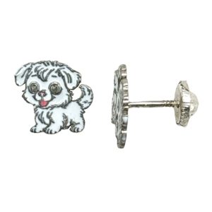 Pendientes perro para niña dormilonas en plata hipoalergénica, cierre a rosca de seguridad, esmaltados a mano y hechos en España